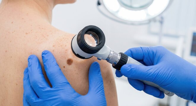 Dermatologist examining mole on patient with dermatoscope