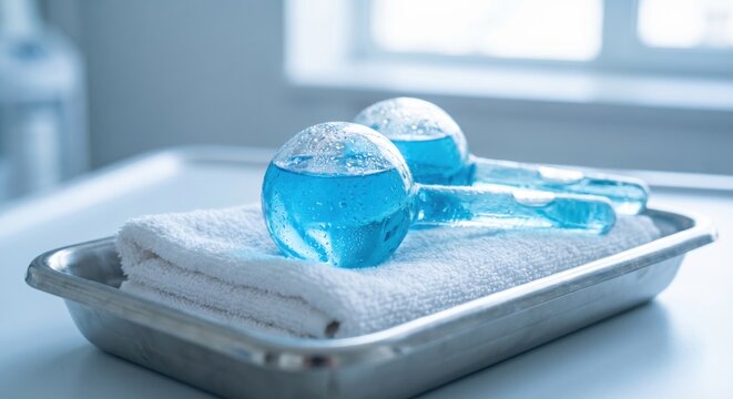 Blue facial cooling cryo globes on towel in spa tray