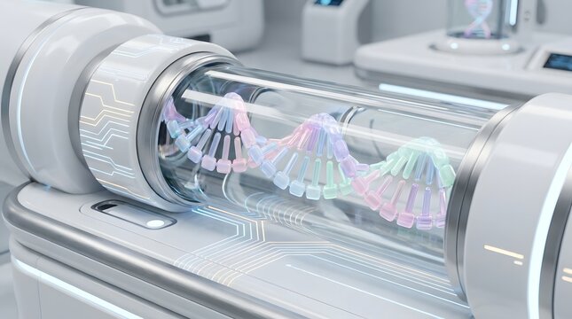 Conceptual AI-integrated genetic sequencer analyzing DNA