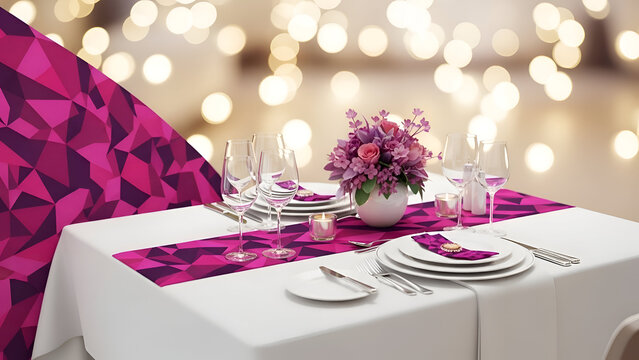 A table set for a formal dinner with a pink and purple theme