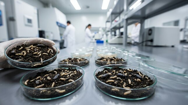 A gloved hand holds a petri dish filled with soil larvae and beetles with rows of similar dishes and scientists in a lab environment science laboratory research biology entomology