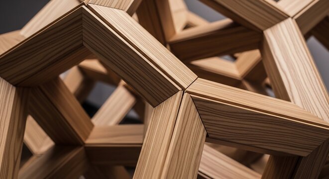 Abstract Geometric Wooden Structure Interlocking Modules Close Up.