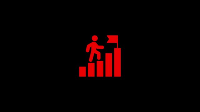 Red success icon showing a person climbing a bar chart towards a flag, representing career growth, goal achievement, and business progress on a black background.