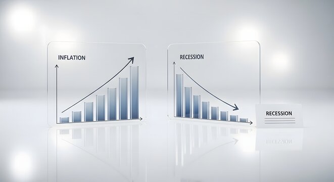 3D render of transparent glass charts showing inflation rising and recession falling.