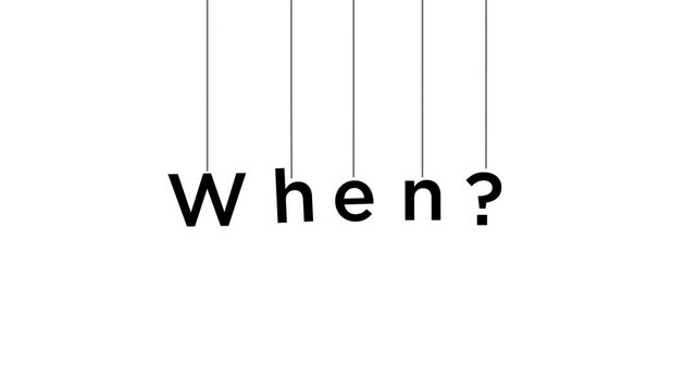 An animated text display of the word "When?" suspended by a string.