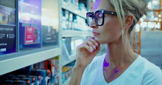 Woman Shopping for Electronics in a Store Aisle