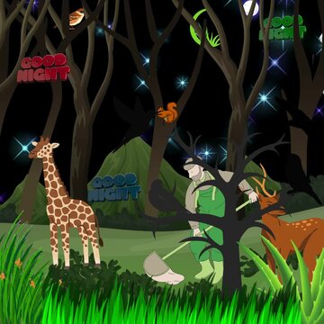 Cute giraffe cartoon standing in the jungle forest grass nature scene