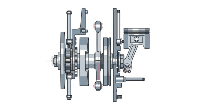 Technical engine crankshaft and piston assembly illustration on white background