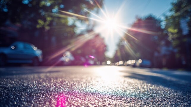 Intense Sunlight Shimmers on Wet Asphalt During a Summer Heatwave