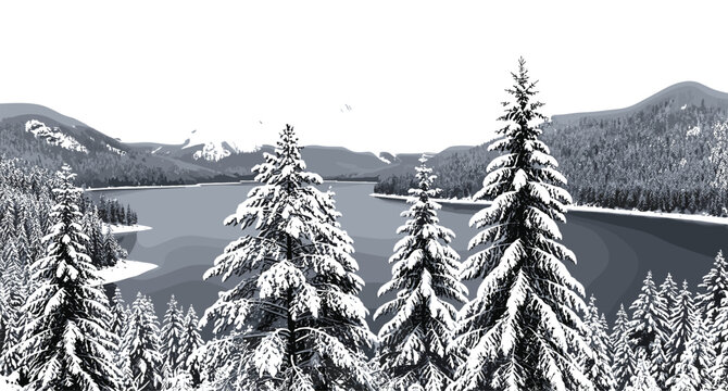 Snowy mountain lake landscape with pine trees winter nature scenic illustration peaceful alpine environment