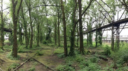 Obraz premium Overgrown Industrial Site Reclaimed by Nature, Showcasing Decay and New Growth
