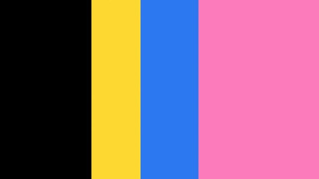 Color Transitions Set with Layers In Blue, Yellow, And Pink Crossing The Black Frame Background. Includes Circle Expansions, Sliding Panels, And Diagonal Wipes. Motion Graphics and Video Editing,
