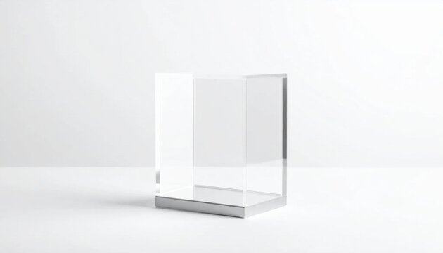 Isolated clear acrylic display box standing on surface, transparent glass cube for retail merchandising, showcase protection, museum pedestal, luxury product presentation