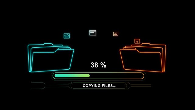 Copying Digital Data Between Two Folders Concept Animation in a Modern Futuristic Neon Outline Design. With A Progress Bar And Percentage Indicator On A Dark Background. Virtual Transfer 