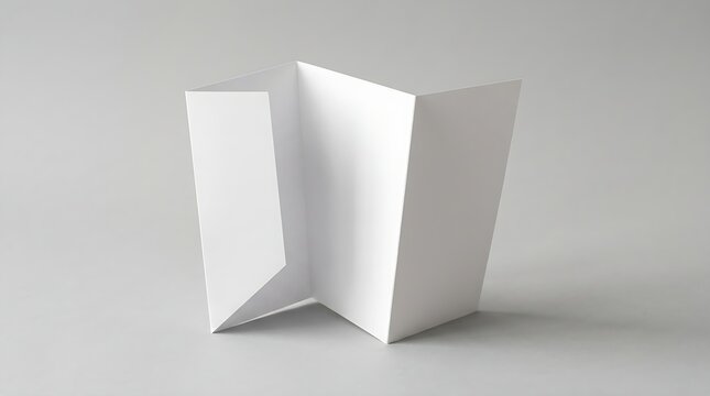 Blank White Tri-Fold Brochure Mockup Standing on Gray Background &ndash; Corporate Print Marketing Collateral Asset