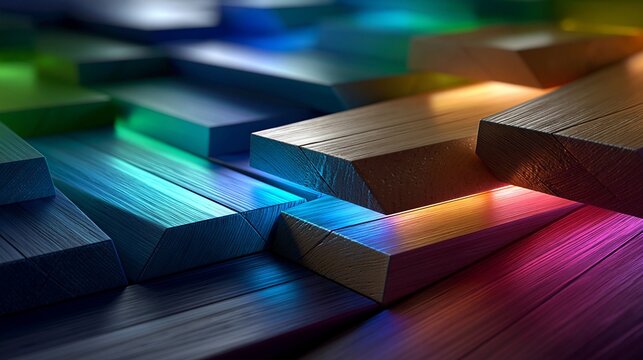 Nahaufnahme von bunten, gestapelten Holzbl&ouml;cken in verschiedenen Farben mit gl&auml;nzender Oberfl&auml;che und modernem Design.