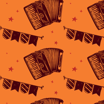 seamless pattern of s&atilde;o jo&atilde;o elements with accordion and bandeirinhas in handmade xilogravura style