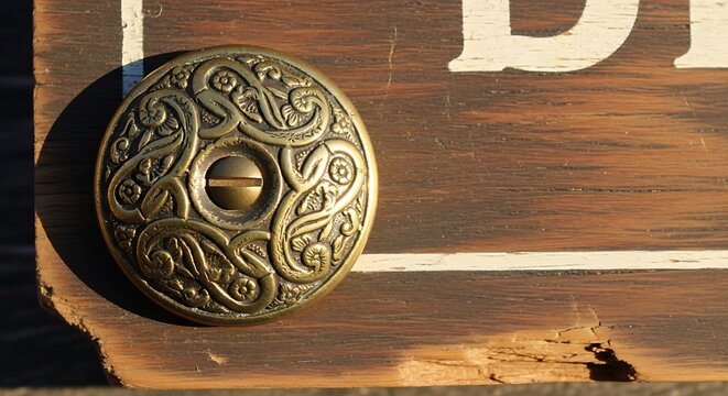 Decorative antique brass metal bolt on a rustic wooden sign.