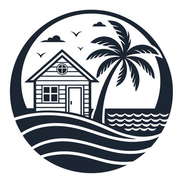 coastal beach house icon with palm tree and ocean waves, minimal geometric home logo, flat vector isolated on white background