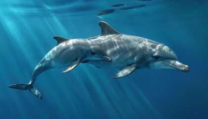 Naklejka premium A Mother Bottlenose Dolphin Swims With Her Calf