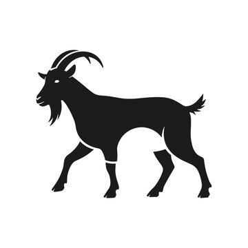 A silhouette of a goat with large curved horns standing on all fours