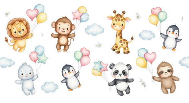 six adorable baby cartoon animals flying along a seamless watercolor border strip with pastel balloons, fluffy clouds, and flowers on a white background. concept for nursery art design