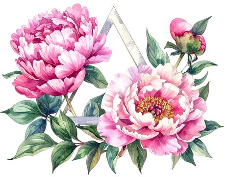 Watercolor peonies and leaves with geometric triangle accent