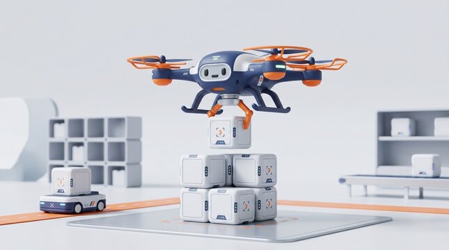 Abstract 3D render of automated delivery drone lifting package box in futuristic smart warehouse representing logistics and supply chain concept
