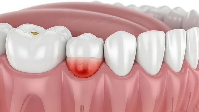 Dental health illustration showing gum inflammation and a tooth with a filling