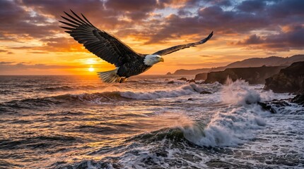 Naklejka premium Bald eagle soaring over ocean waves at sunset