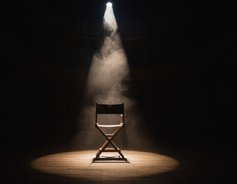 Single empty director chair under dramatic spotlight on theater stage with smoke, symbolizing leadership, opportunity, creativity, audition, waiting, success, ambition and cinematic storytelling mood.