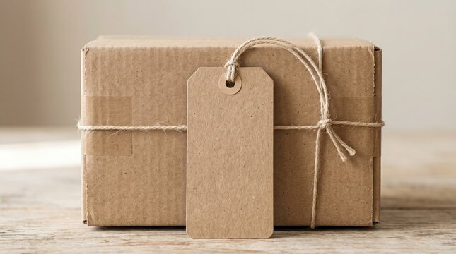 Brown cardboard box with a blank tag for shipping labels