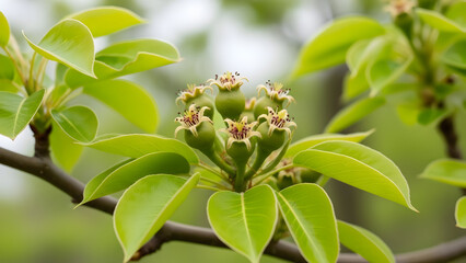 Fototapeta premium Close up of pear tree blossoms and emerging green leaves in spring