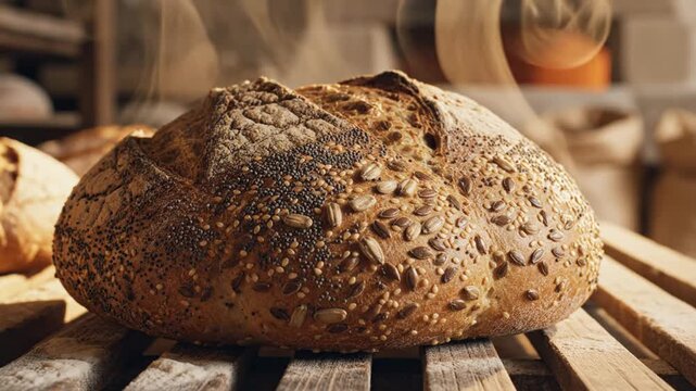 Freshly baked artisan bread loaf close up on wooden rack food photography
