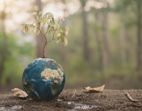 Small tree growing on a globe representing earth in a forest with dead leaves