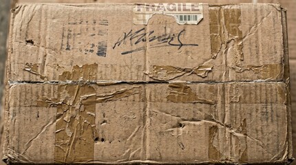 Obraz premium Old and Worn Out Cardboard Box with Fragile Label
