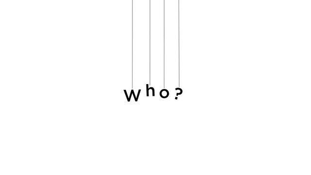 An animated text display of the word "Who?" suspended by a string.
