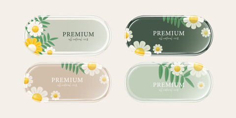 Obraz premium Luxury Glassmorphism Transparency Banners with Chamomile Flowers and Green leaf in Modern Glass Style transparent. Spring Season theme.