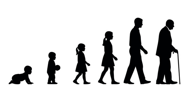 Silhouette of people at different ages walking in a line