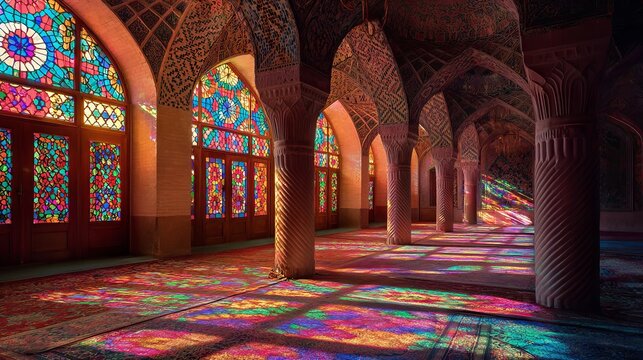 Sunlight enters Nasir al-Mulk Mosque in Shiraz, Iran through stained glass.