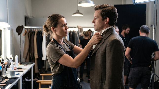 Hair stylist on film set helping actor with suit adjustments  