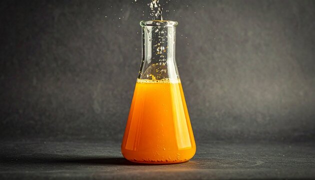 Erlenmeyer Flask with Orange Liquid Showcasing Chemical Reaction, Science Aesthetics, and Laboratory Photography Design