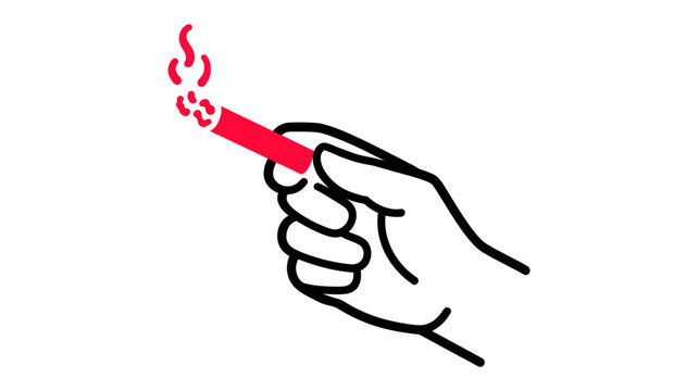 Hand holding burning cigarette vector icon illustrating smoking habit and tobacco addiction in minimalist flat line art style