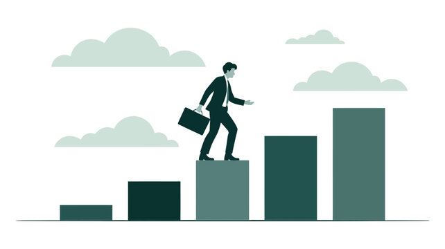 A determined businessman carrying a briefcase walks upwards on an ascending bar graph under a cloudy sky.
