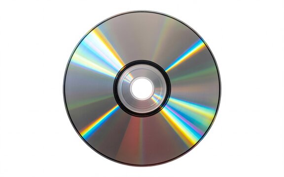 Blank CD disc with rainbow light reflection isolated on white background for data storage and technology concept