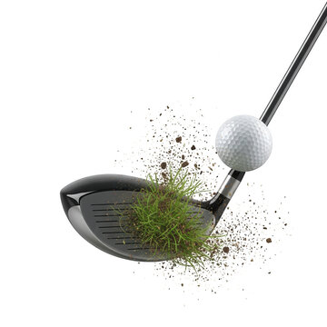 golf club hitting ball on green grass with dirt flying golf sport recreation activity isolated on white background dynamic action shot professional equipment.