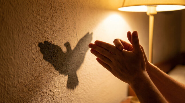 Children's hands making shadow puppets creating bird silhouette  
