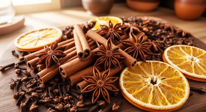 Assortment of Autumnal Spices and Dried Orange Slices