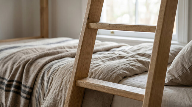 Dorm loft bed with desk and wooden ladder in cozy bedroom setting  