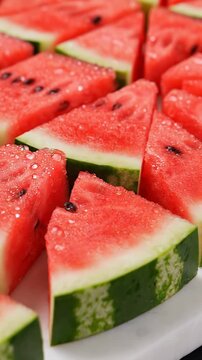 Freshly cut watermelon slices arranged to form a visually appealing backdrop.